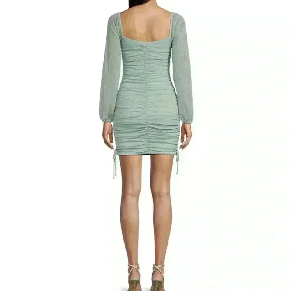Jump Apparel Glitter Square Neck Ruched Long Sleeve W/ Ties At Hemline Dress M - Picture 2 of 10